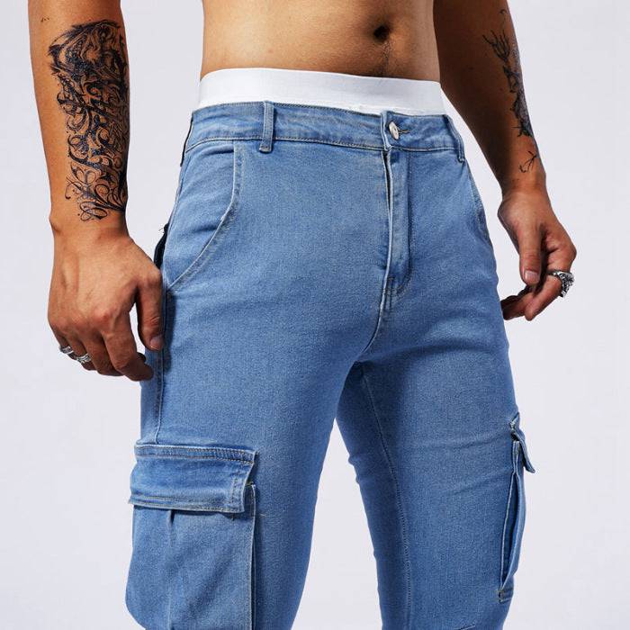 Jeans da lavoro multitasche da uomo, marchio di moda, elasticizzato, vestibilità slim