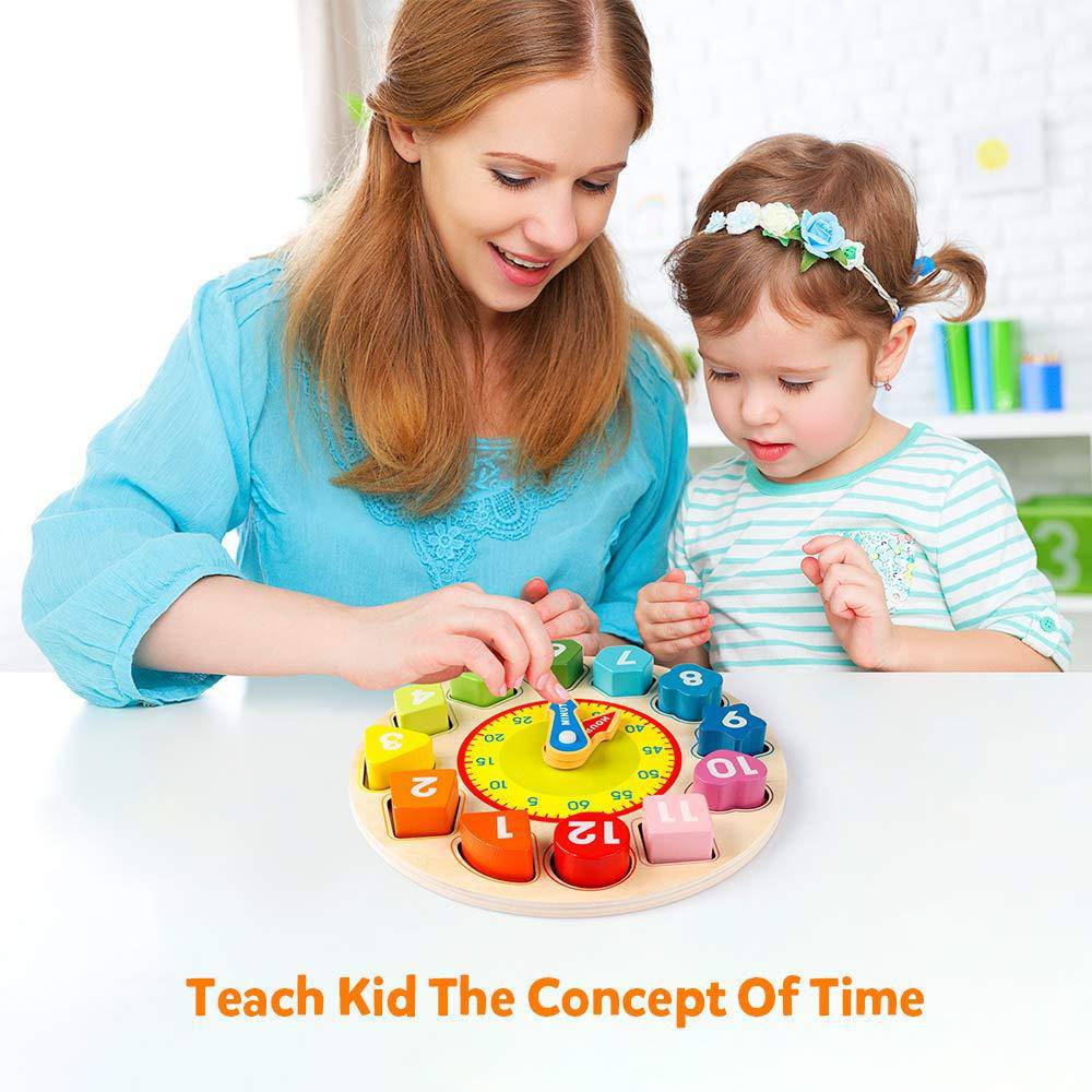 Teaching Time Number Blocks Puzzle Wooden Shape Color Sorting Clock - YLORESHOP