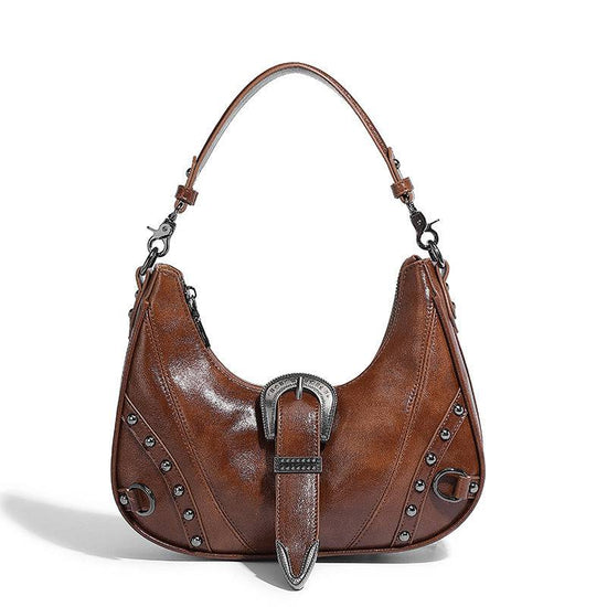 Women's Distressed Silver Belt Buckle Underarm Shoulder Bag - YLORESHOP