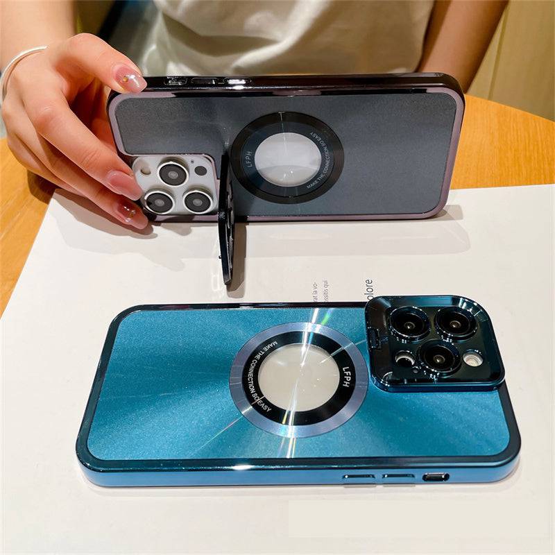 Electroplated Phone Case Luxury Plating CD Pattern Magsafe Bracket Case For 12 13 14 Pro Max Invisible Camera Stand Holder Lens Holder Magnetic Suction