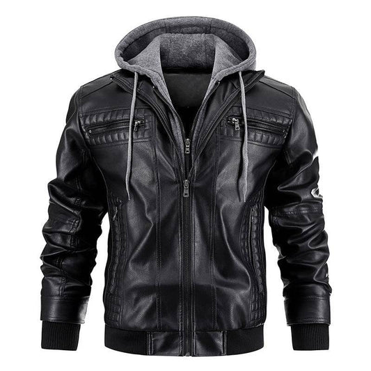 Hooded Jacket With Zipper Pockets Fashion Warm Pu Leather Coat Mens Clothing - YLORESHOP
