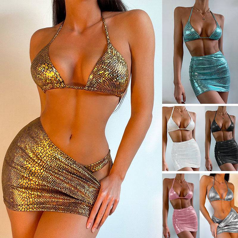 Women's 3 Piece Bathing Suits Halter Snake Pattern Bikini Set With Cover Up Skirt Summer Swimsuit - YLORESHOP