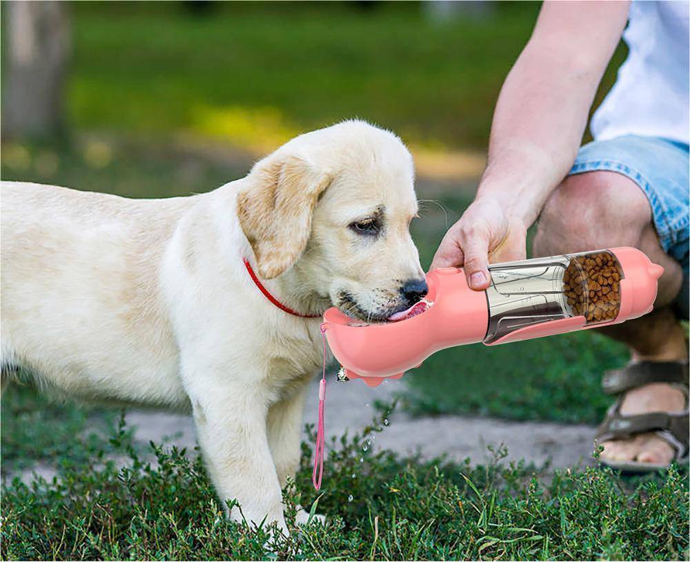 Bottiglia d'acqua per animali domestici Ciotola per sacchetti di immondizia Custodia per animali domestici portatile da viaggio all'aperto Bottiglia d'acqua per cani 3 in 1