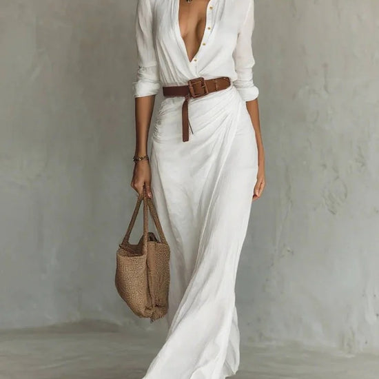 Fashionable and elegant long sleeve button down lapel belted irregular maxi dress. - YLORESHOP