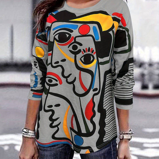 Women's T-shirt White With Printed Pattern Round Neck Long Sleeve - YLORESHOP