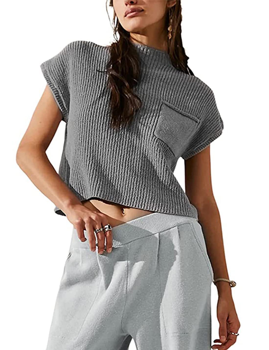 Women's Knitted Sleeveless Pocket Casual Rib Pullover Vest - YLORESHOP