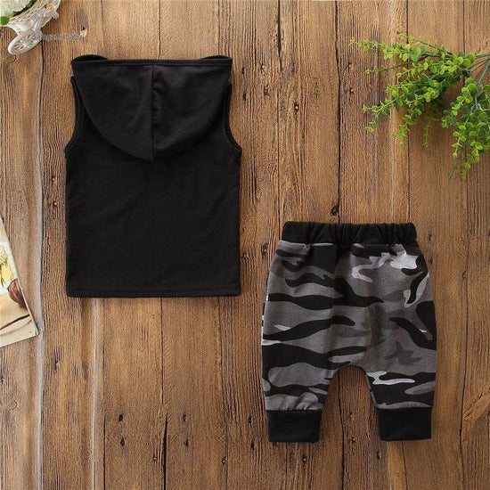 2PCS Toddler Kids Baby Boy Sleeveless Hooded Clothes T-shirt Tops Camo Pants Outfits - YLORESHOP