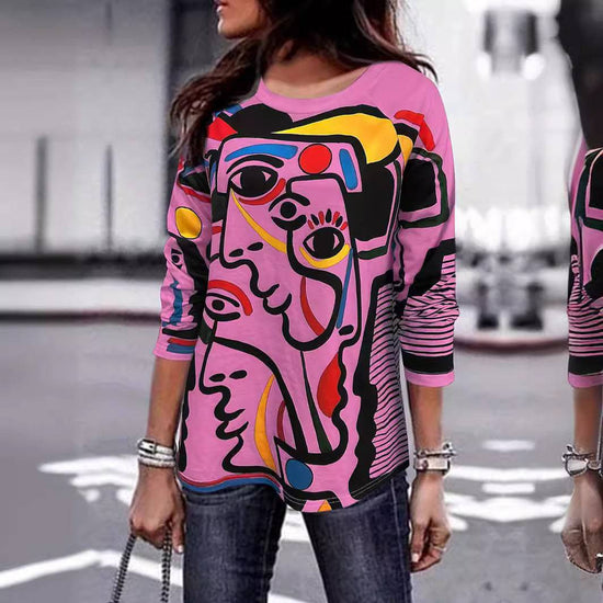 Women's T-shirt White With Printed Pattern Round Neck Long Sleeve - YLORESHOP