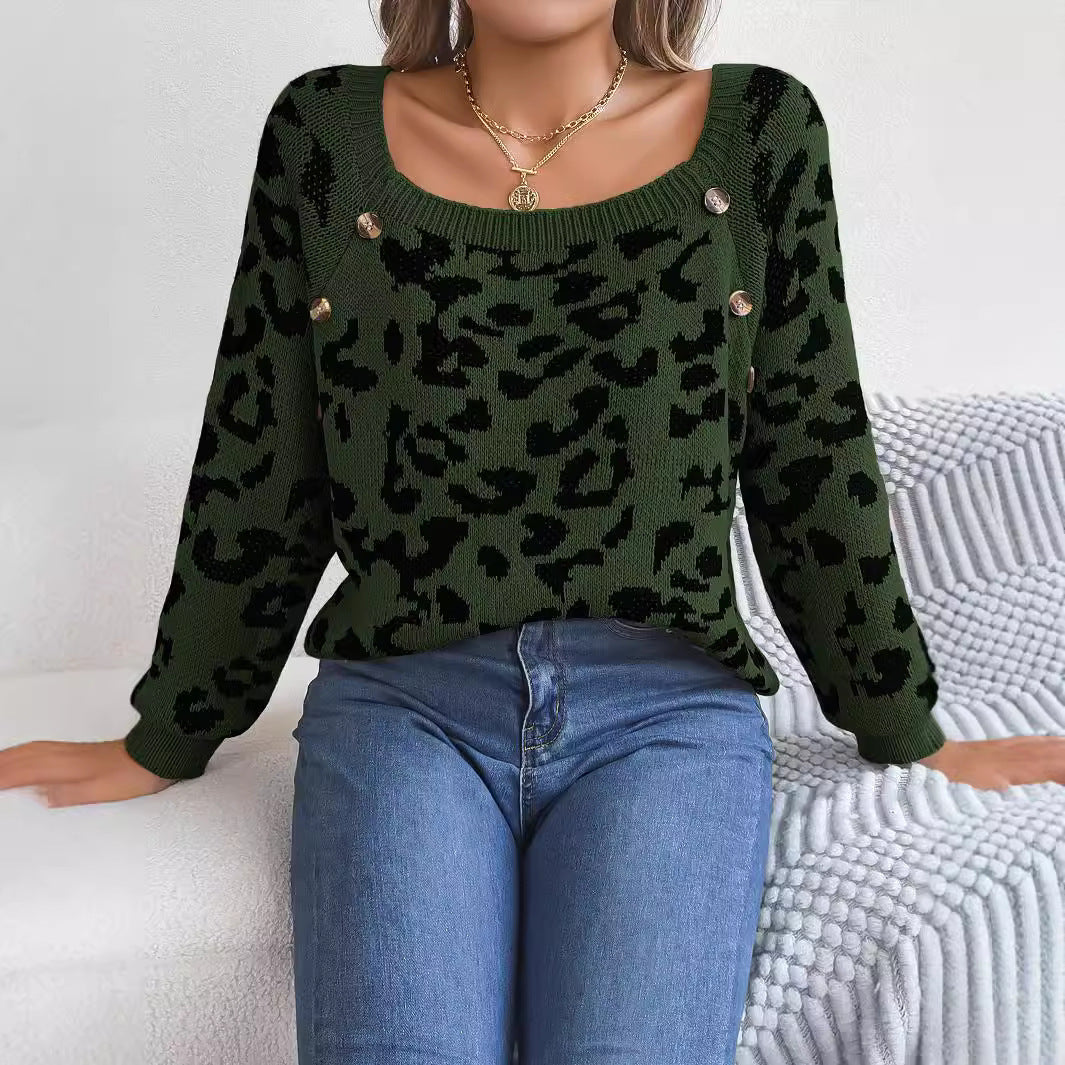 Maglione a maniche lunghe con stampa leopardata a colori a contrasto con bottoni casual e colletto quadrato