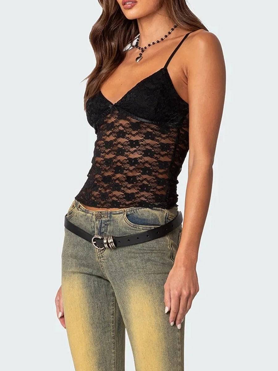 Women's Short Lace Spaghetti-strap Camisole Top - YLORESHOP