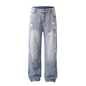 Pantaloni da uomo in denim a gamba dritta con fori per il lavaggio in acqua