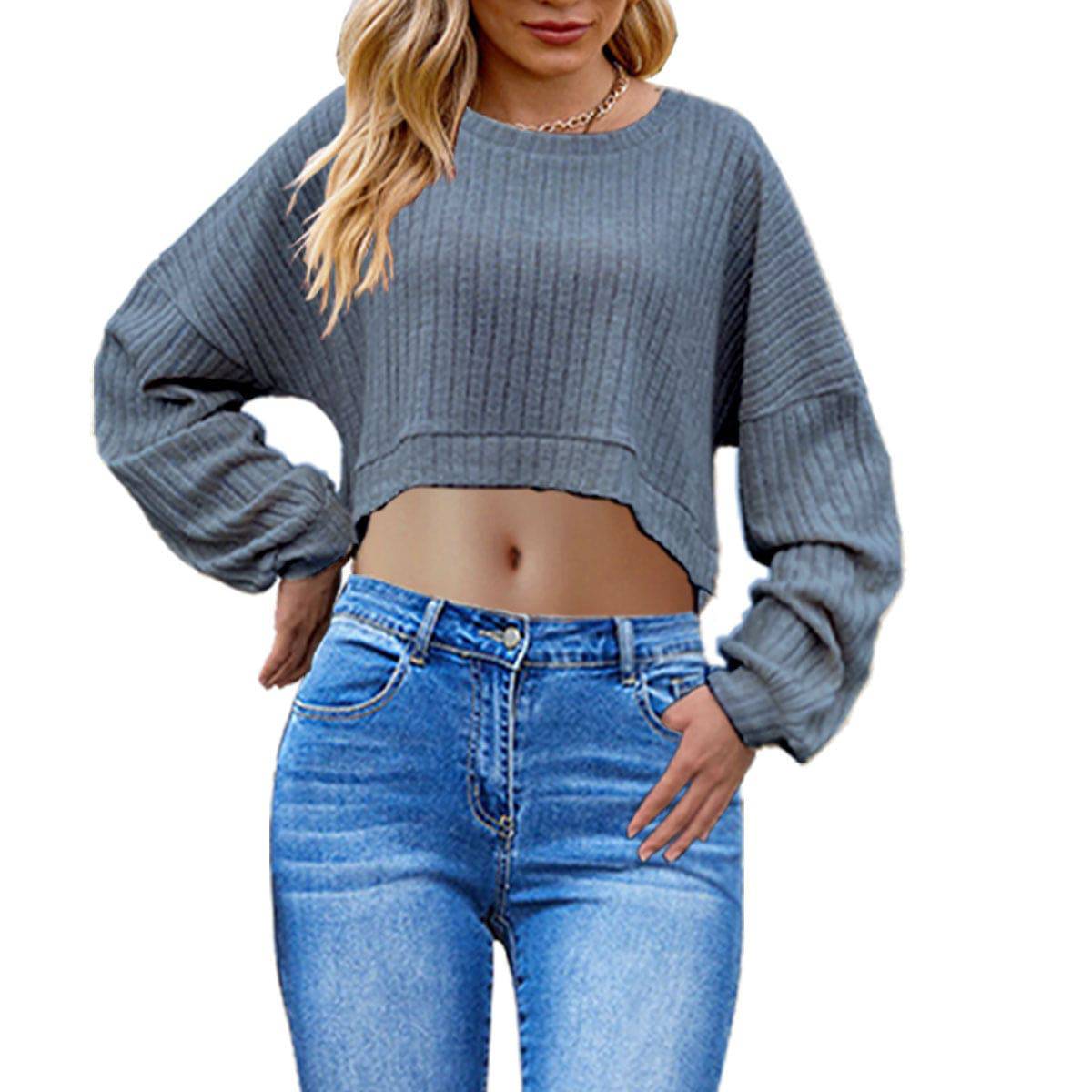 European And American Brushed Sunken Stripe Knitted Midriff-baring Long Sleeve Short T Women's Top - YLORESHOP