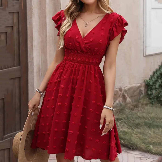 Jacquard Big Fur Ball Elastic Waist Ruffle Sleeve Short Sleeve V-neck Dress - YLORESHOP