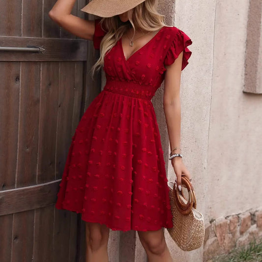Jacquard Big Fur Ball Elastic Waist Ruffle Sleeve Short Sleeve V-neck Dress - YLORESHOP