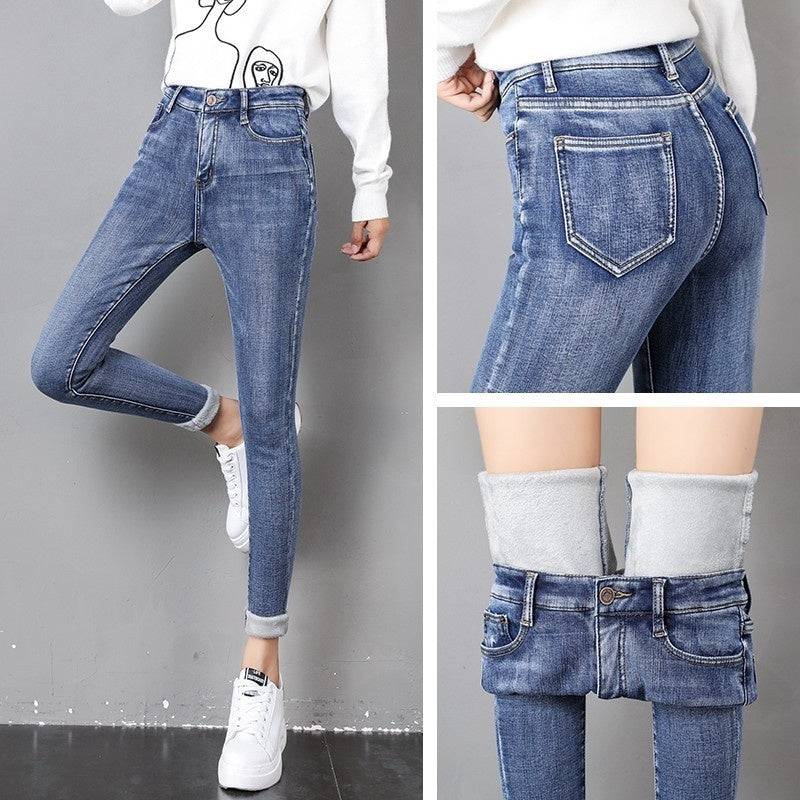 Dark Blue Jeans Women's High Waist Spring Stretch Slimming Skinny Close-fitting Fleece - YLORESHOP