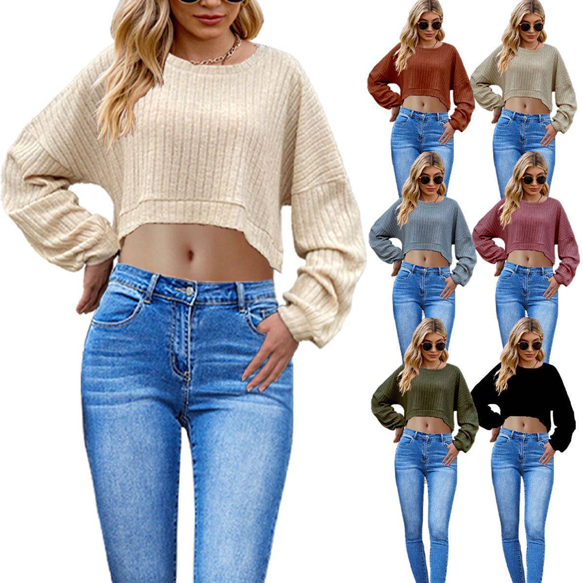 European And American Brushed Sunken Stripe Knitted Midriff-baring Long Sleeve Short T Women's Top - YLORESHOP