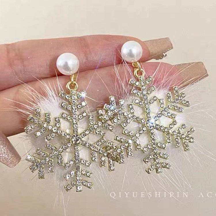 Christmas Snowflake Earrings Women's Full Diamond Pearl Plush Earrings - YLORESHOP