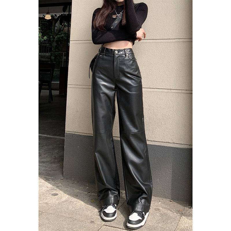 Hong Kong Style High Waist Slimming Sense Of Design Leather Trousers - YLORESHOP