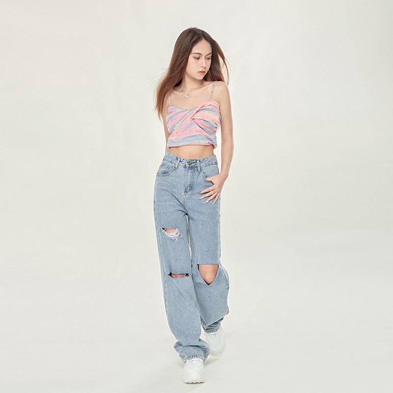 Women's High Waist Light Blue Ripped Wide-legged Jeans - YLORESHOP