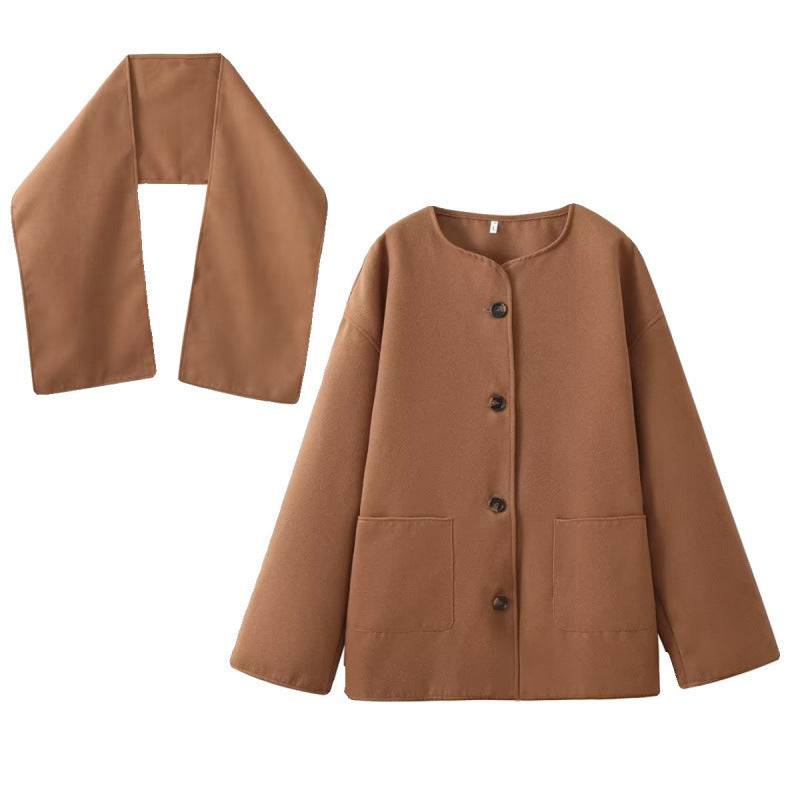 Scarf Collar Loose Jacket Short Woolen Coat - YLORESHOP