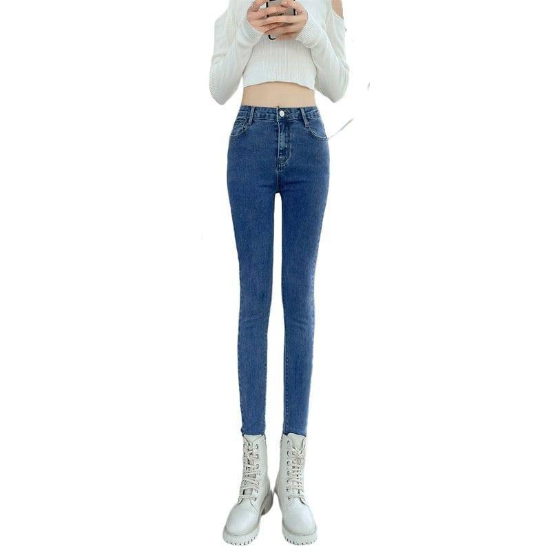 Dark Blue Jeans Women's High Waist Spring Stretch Slimming Skinny Close-fitting Fleece - YLORESHOP