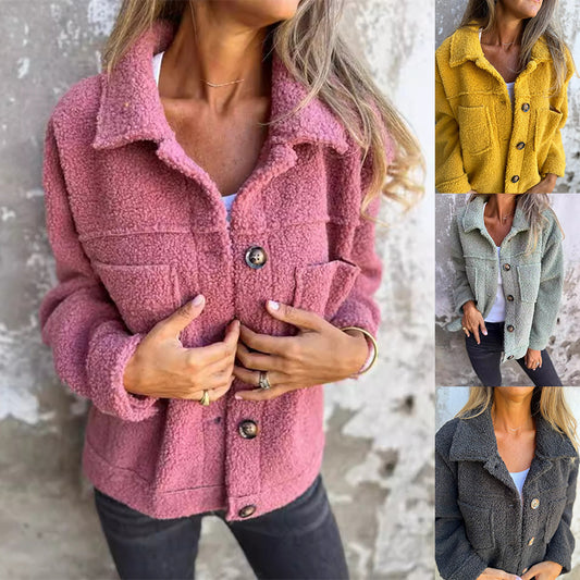 Cappotto invernale da donna in lana di agnello, giacca monopetto con risvolto, caldo, top corti