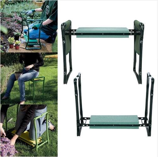 Foldable Outdoor Lawn Bench Chair With Tool Pouch Garden Rest 