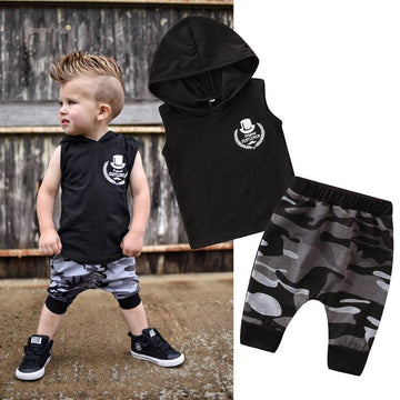 2PCS Toddler Kids Baby Boy Sleeveless Hooded Clothes T-shirt Tops Camo Pants Outfits - YLORESHOP