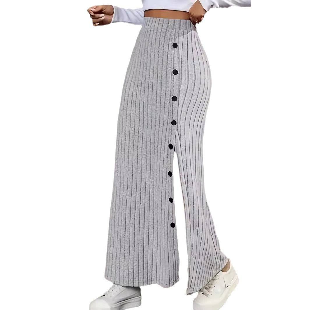 Women Knitted Dress Sunken Stripe Slit Fastener Decoration Sheath Skirt - YLORESHOP