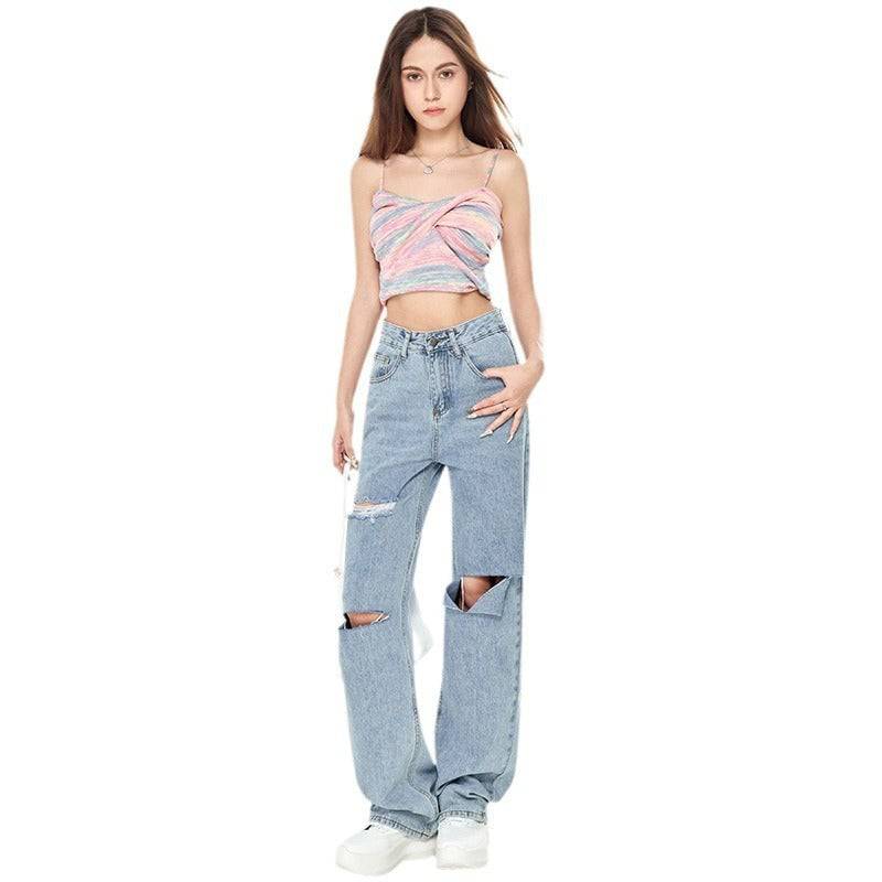 Women's High Waist Light Blue Ripped Wide-legged Jeans - YLORESHOP