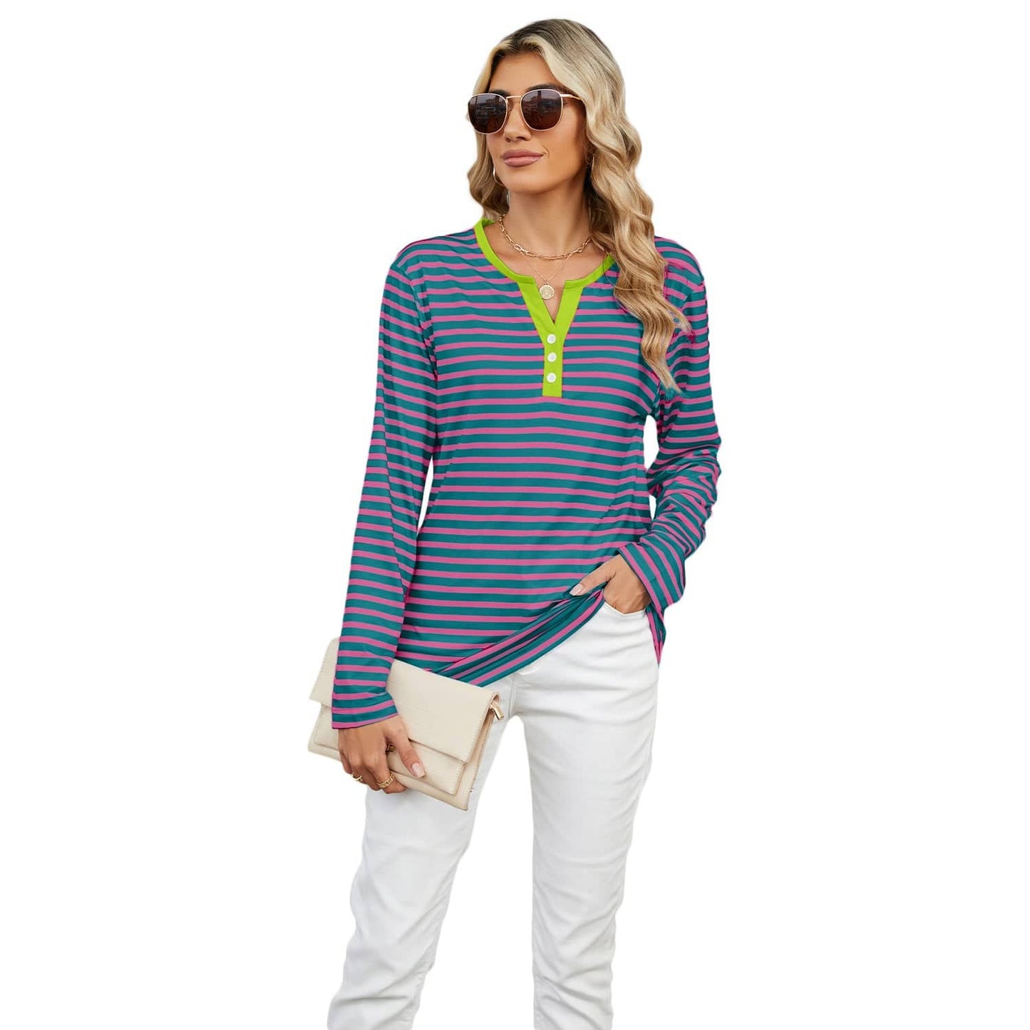 Women's V-neck Striped Loose Long-sleeved T-shirt Top - YLORESHOP