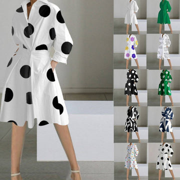 Fashion Long Sleeve V-neck Printed Mid-length Dress Women's Clothing - YLORESHOP