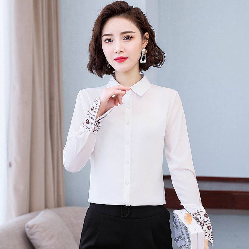 Spring And Autumn Lapel Long Sleeve White Shirt Women's Design Chinese Style Embroidery Chiffon Top