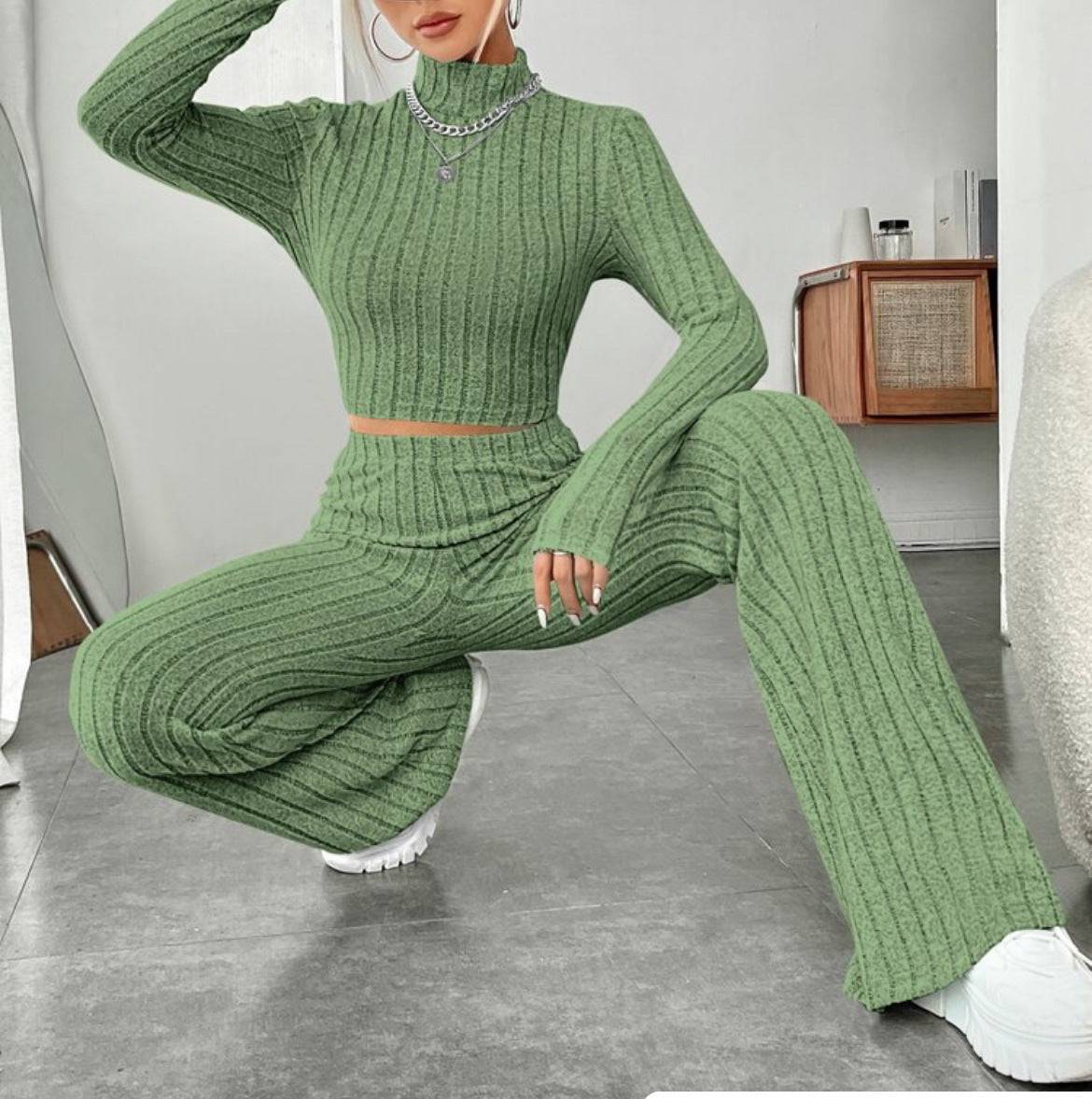 Long Sleeve Turtlenecks Wide Leg High Waist Trousers Suit - YLORESHOP