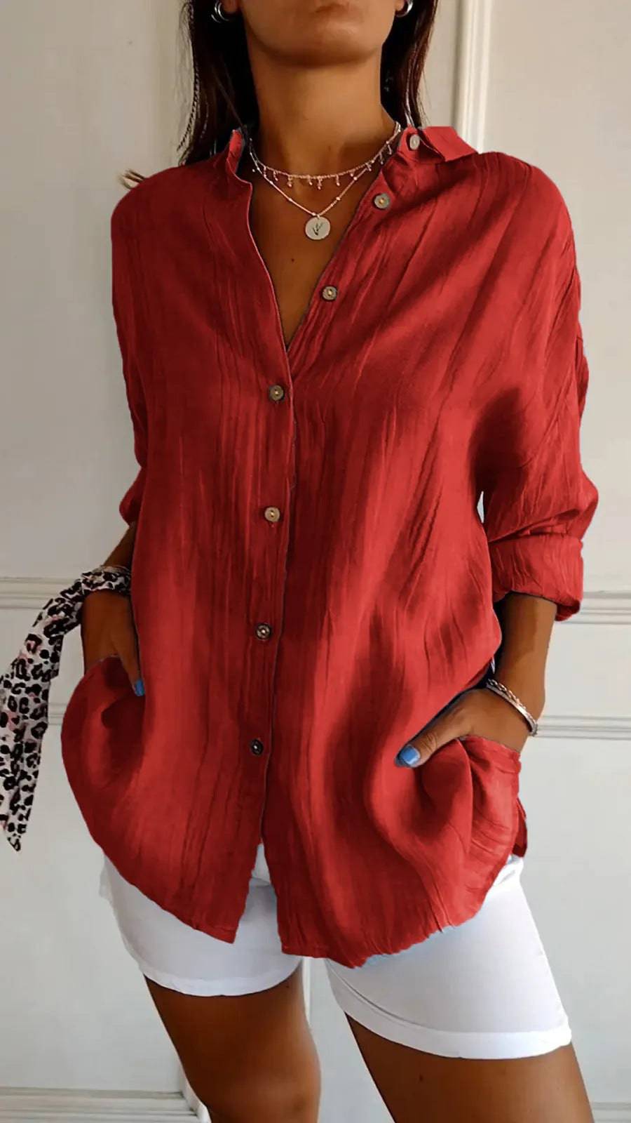 Lapel Long Sleeve Shirt Women's Single-breasted Pleated Shirt - YLORESHOP