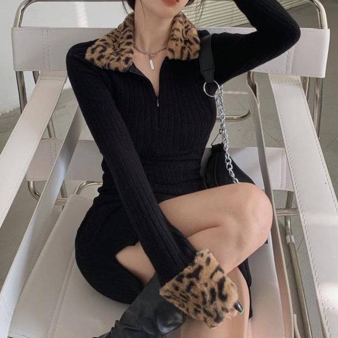 New Leopard Print Long Sleeve Padded Dress Women - YLORESHOP