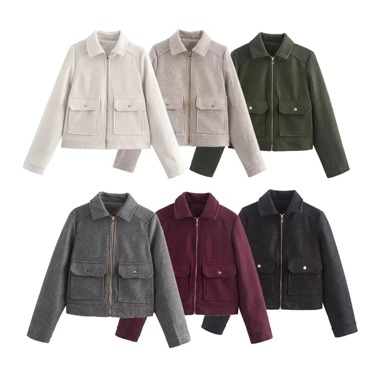 Women's Lapel Woolen Pocket Zipper Coat - YLORESHOP