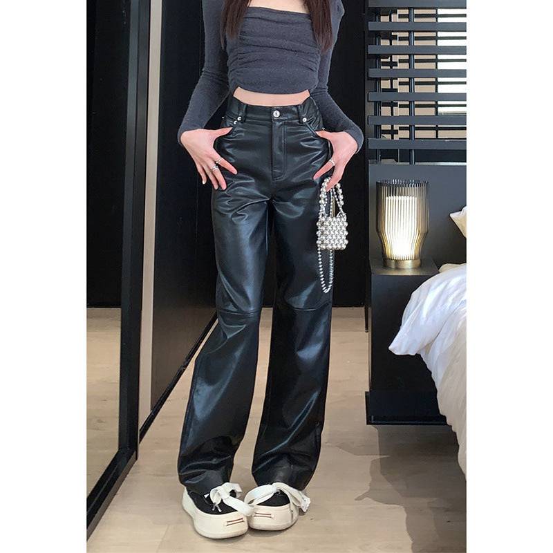 Hong Kong Style High Waist Slimming Sense Of Design Leather Trousers - YLORESHOP