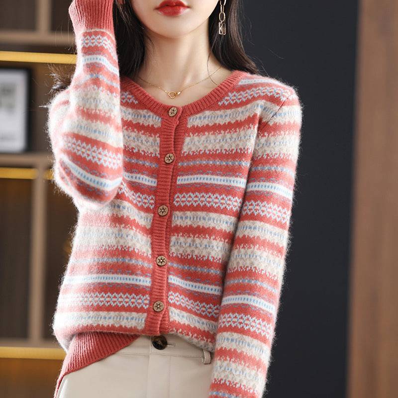 Women's Knitted Cardigan Mixed Color Stripe Contrast Color Jacquard Soft Glutinous Sweater Coat - YLORESHOP