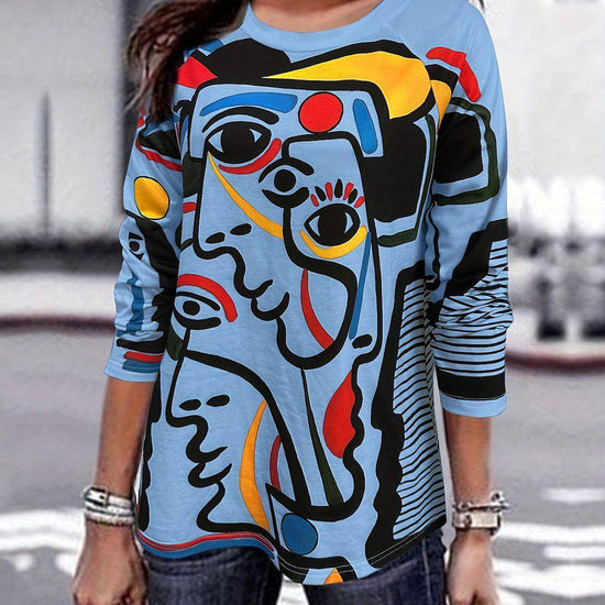 Women's T-shirt White With Printed Pattern Round Neck Long Sleeve - YLORESHOP