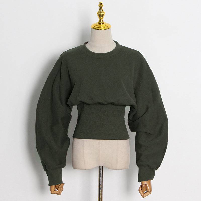 Maglione corto con rifinitura in vita per pendolari pullover girocollo verde scuro