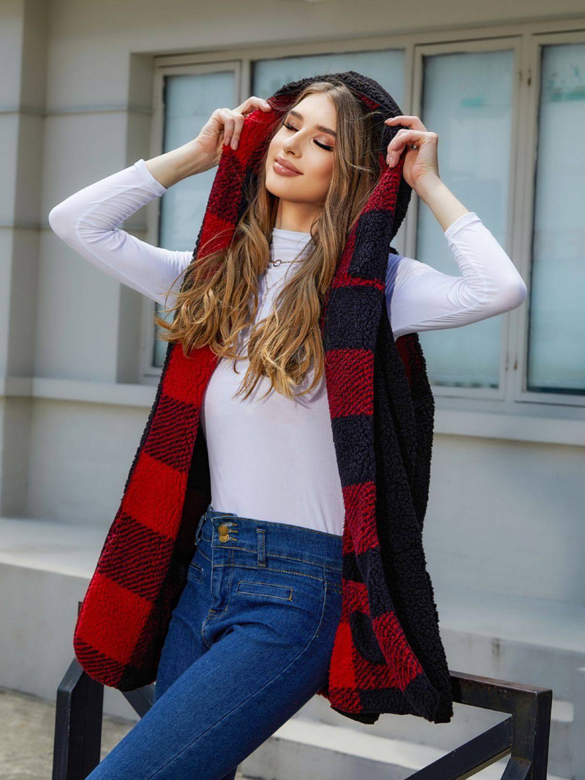 Cardigan Plaid Plush Vest Coat For Women - YLORESHOP