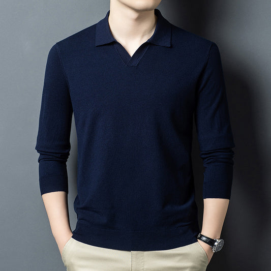 Polo da uomo a maniche lunghe in maglia anti-pilling con colletto a gabbiano, autunno e primavera