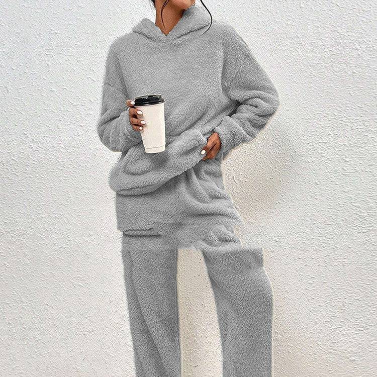 Fleece-lined Hooded Long Sleeve Dimensional Patch Pocket Casual Trousers Solid Color Suit - YLORESHOP