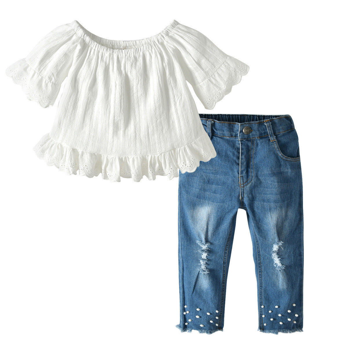 Girls Lace Pearl Jeans Set - YLORESHOP