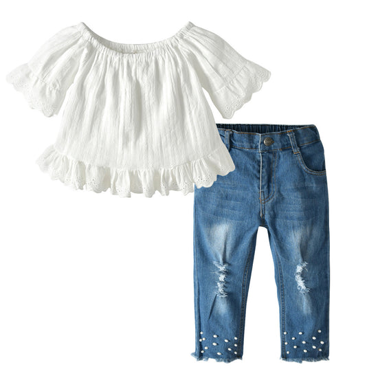 Girls Lace Pearl Jeans Set - YLORESHOP