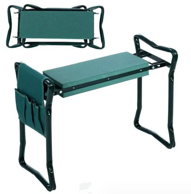 Foldable Outdoor Lawn Bench Chair With Tool Pouch Garden Rest 