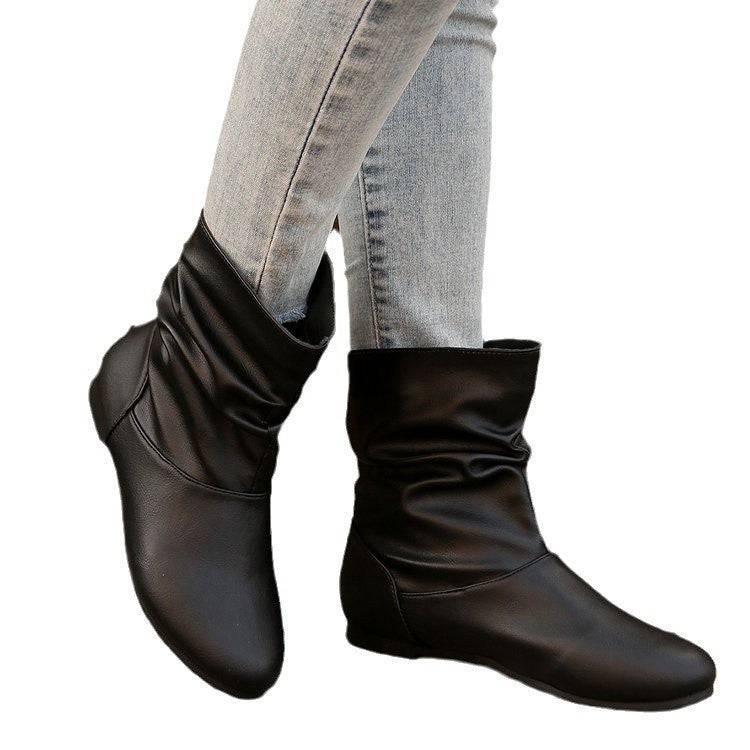 Stivali piatti alla moda con punta tonda Stivali da cowboy western semplici e versatili Scarpe corte casual per donna