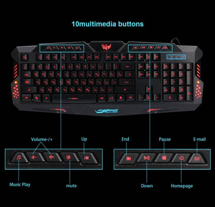 Set di tastiere da gioco cablate retroilluminate tricolore J10, tastiera per mouse da gioco luminosa colorata, tastiera russa