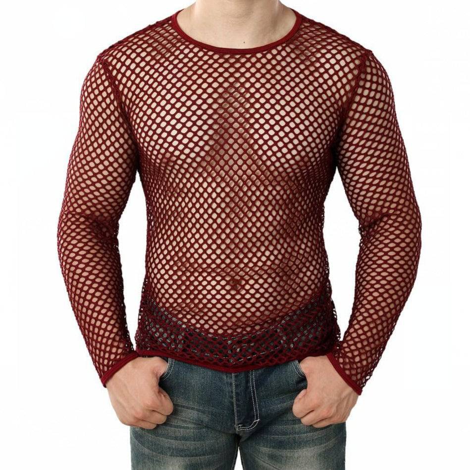 Camicia a maniche lunghe velata alla moda da strada in maglia cava civettuola con personalità da uomo